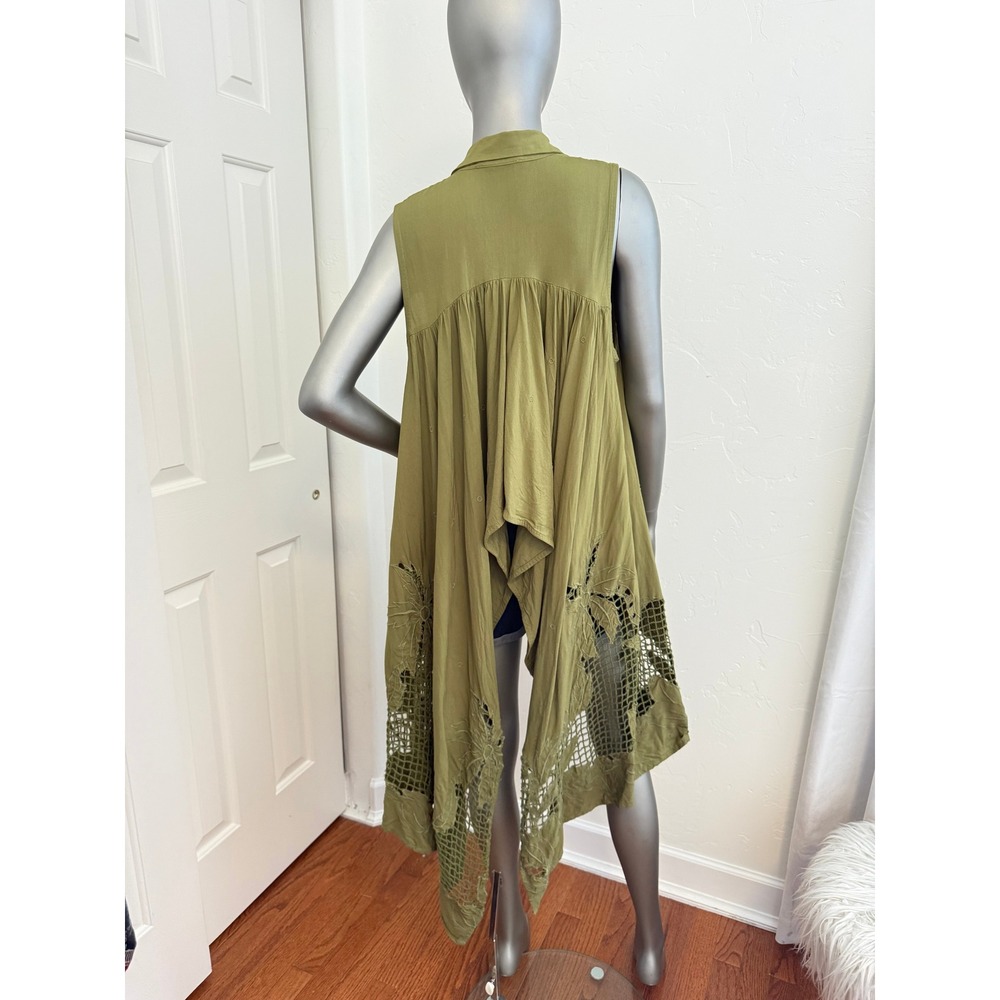 Anthropologie Marrakech Olive Green Lace Cut Out Cropped High Low Vest Bohemian - Picture 9 of 10